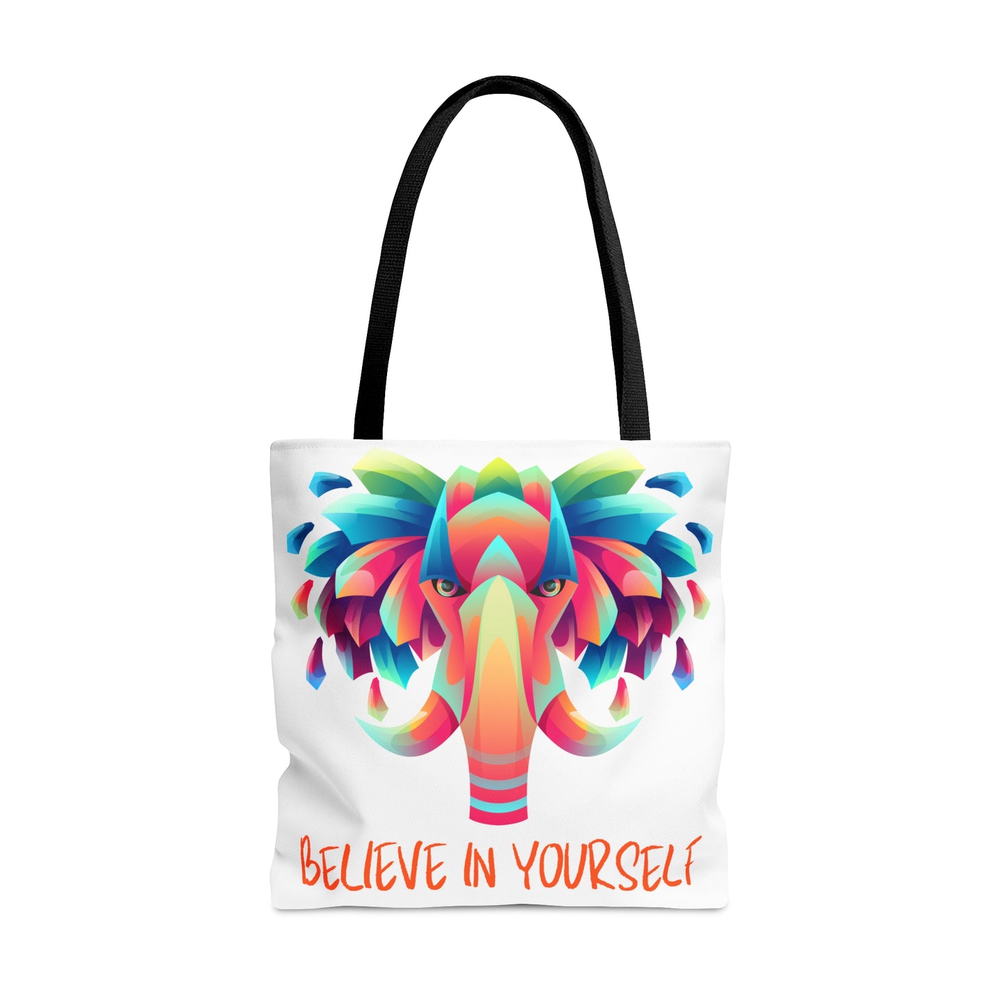 Gorgeous elephant design above “BELIEVE IN YOURSELF” affirmation tote bag. Come in 3 sizes to meet your needs.