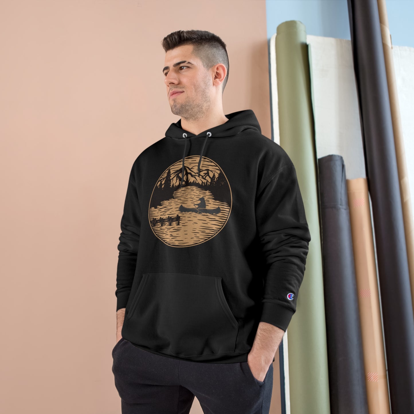 A bear taking a night time canoeing trip on the lake on this very comfortable Champion Hoodie.