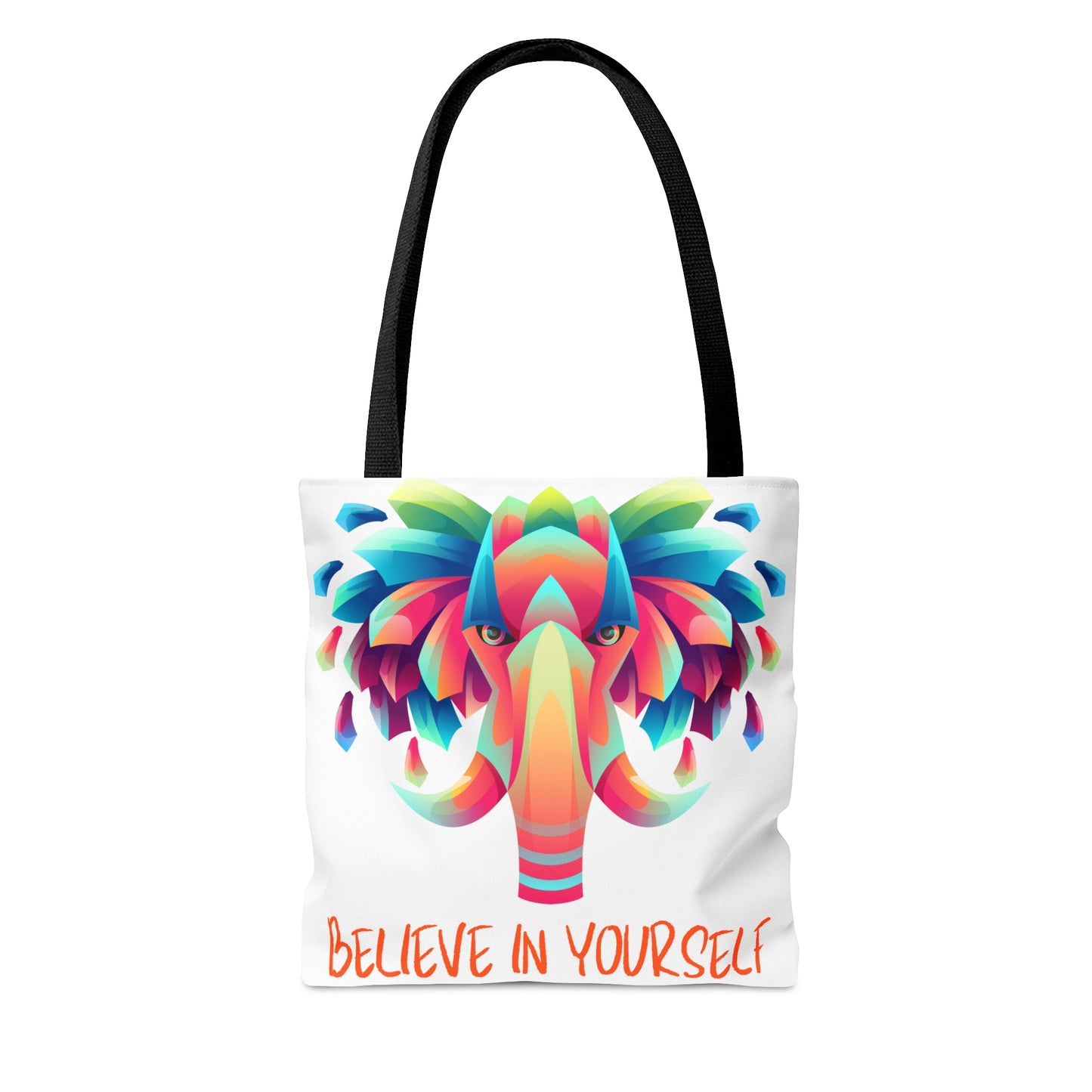 Gorgeous elephant design above “BELIEVE IN YOURSELF” affirmation tote bag. Come in 3 sizes to meet your needs.