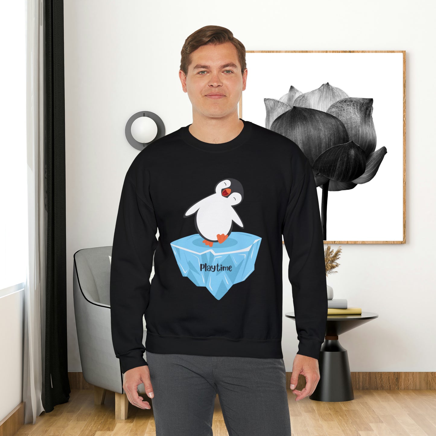 Playtime! Cute and happy penguin on an iceberg design. Give the gift of this Unisex Heavy Blend™ Crewneck Sweatshirt or get one for yourself.