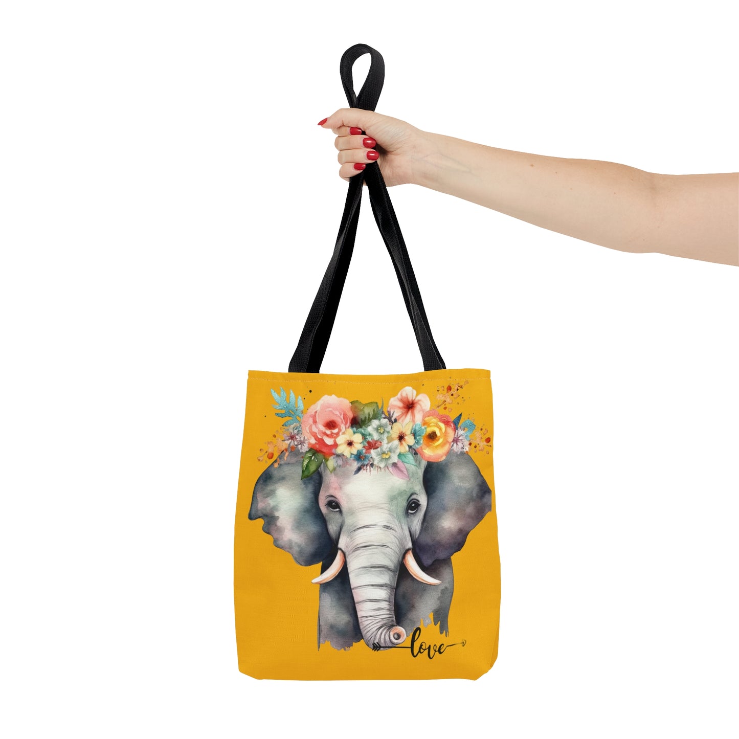 Cute mama elephant with flowers for a tiara on this tote bag. Come in 3 sizes to meet your needs.