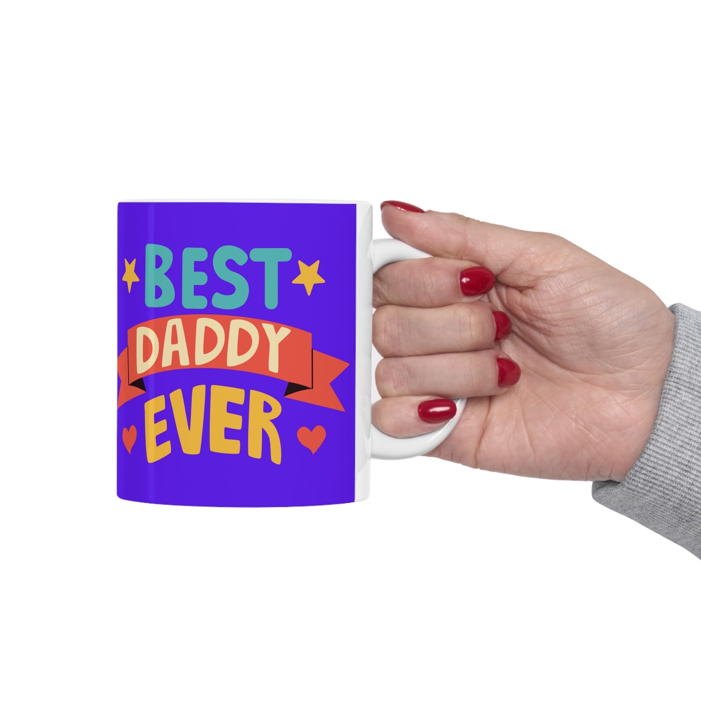 “BEST DADDY EVER” on one side and a dad teaching his child to ride a bike. Part of several mugs to choose from depending on what resonates with you.
