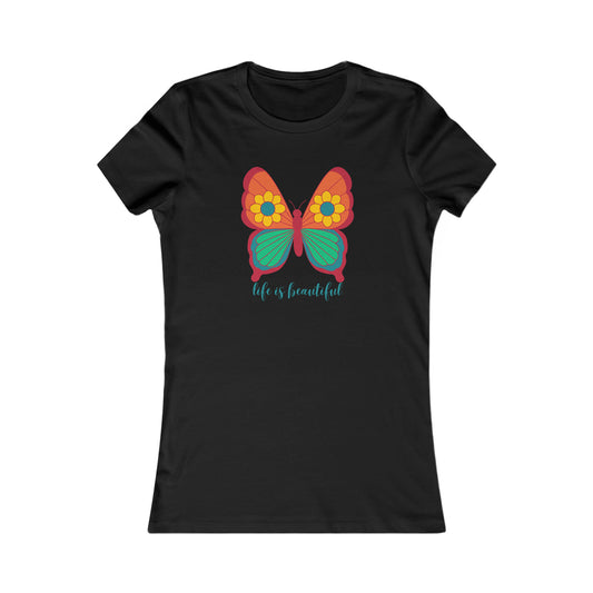 Colorful butterfly above a message of  “life is beautiful” in the center of this Women's Favorite Tee design. Slim fit so please check the size table.