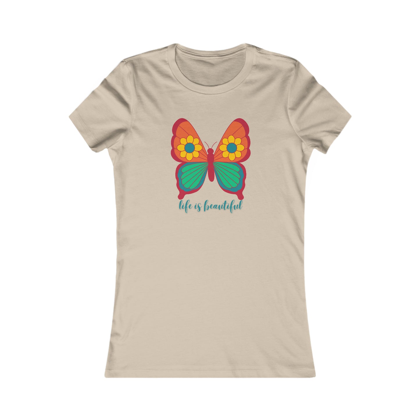 Colorful butterfly above a message of  “life is beautiful” in the center of this Women's Favorite Tee design. Slim fit so please check the size table.