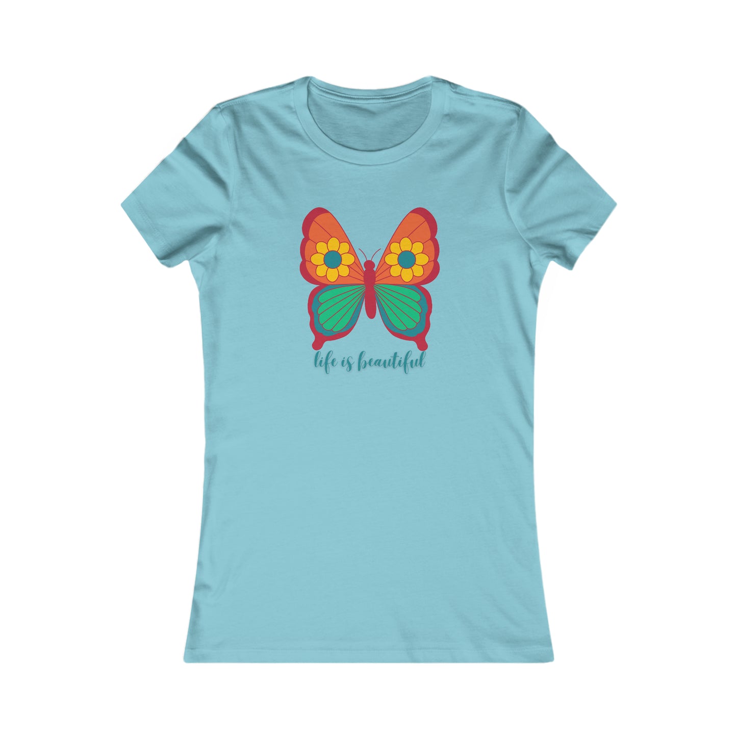 Colorful butterfly above a message of  “life is beautiful” in the center of this Women's Favorite Tee design. Slim fit so please check the size table.