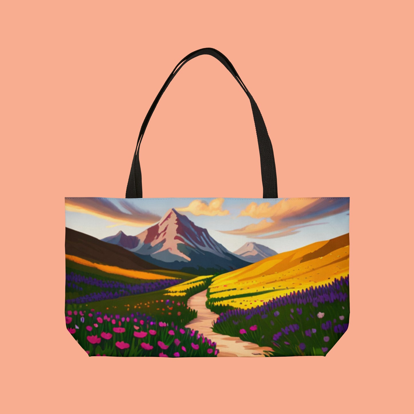 Inviting mountain hiking trail and scenery on this beautiful Weekender Tote Bag.