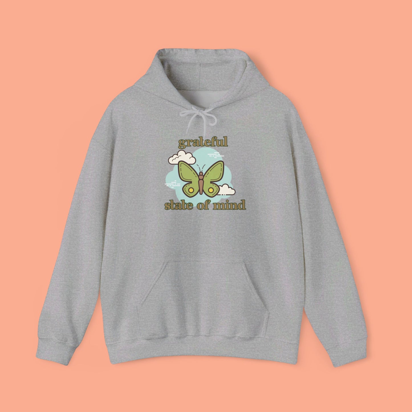 Grateful state of mind around a simple butterfly design on this Unisex Heavy Blend™ Hooded Sweatshirt