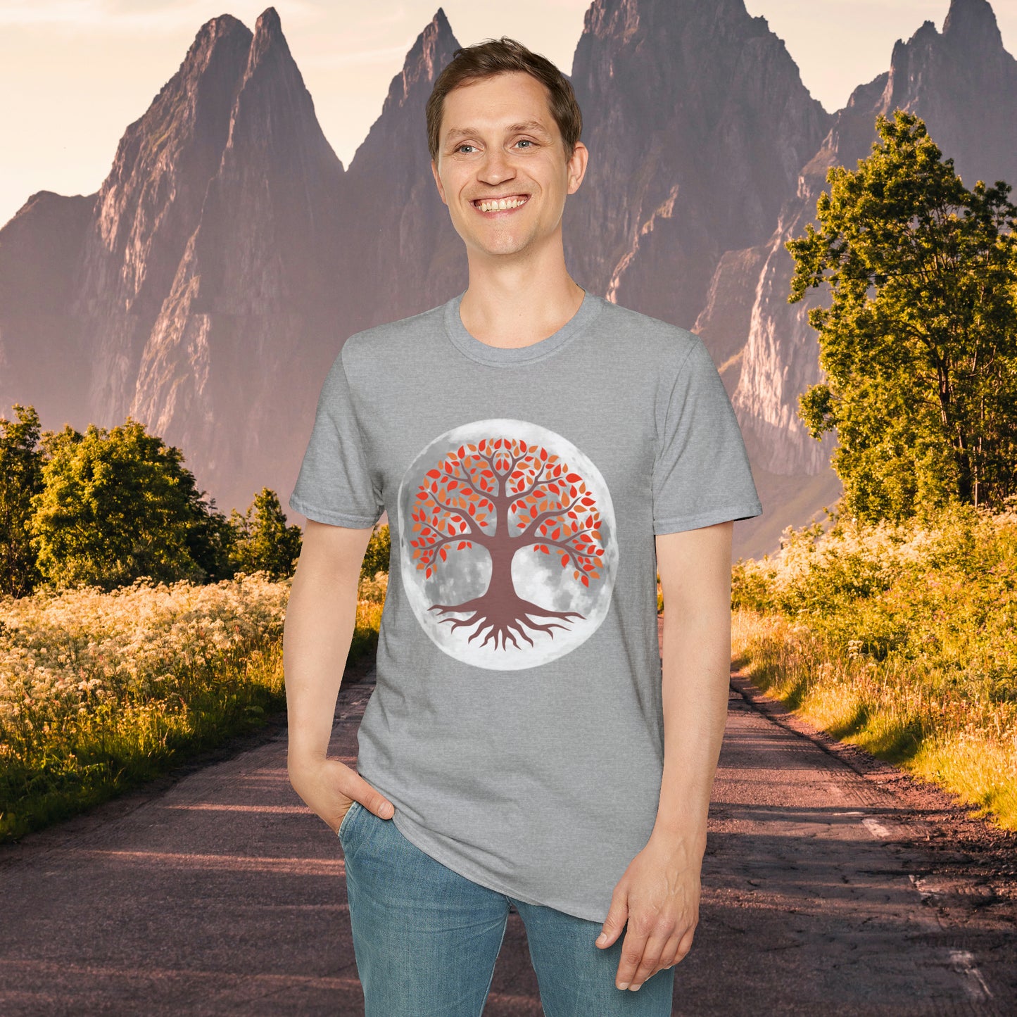 Beautifully strong tree with the moon as its backdrop on this Unisex Softstyle T-Shirt.
