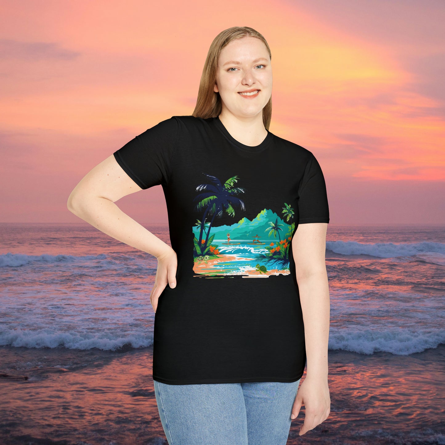 A peaceful paddle board yoga, anyone? With turtles, palm trees and yes the ocean and mountains. Enjoy! A Unisex Softstyle T-Shirt.