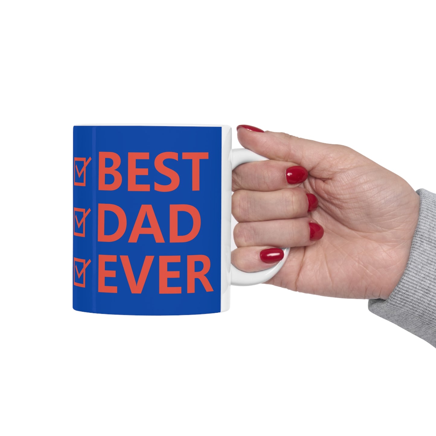 “BEST DAD EVER” on one side and dad happily playing basketball with his son. Part of several mugs to choose from depending on what resonates with you.