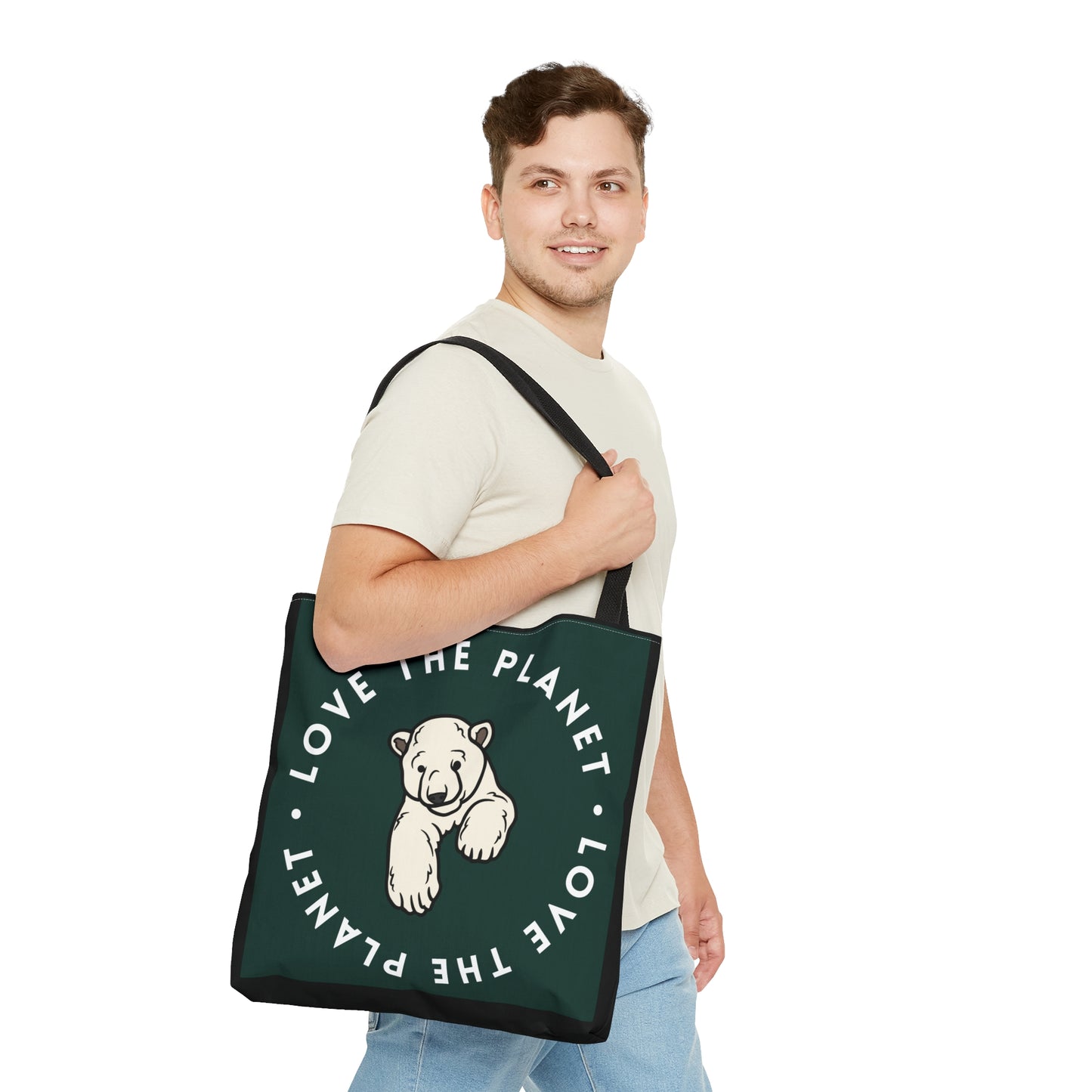 Polar bear inside a  “LOVE THE PLANET” Tote Bag in 3 sizes to meet your needs. Available in black.