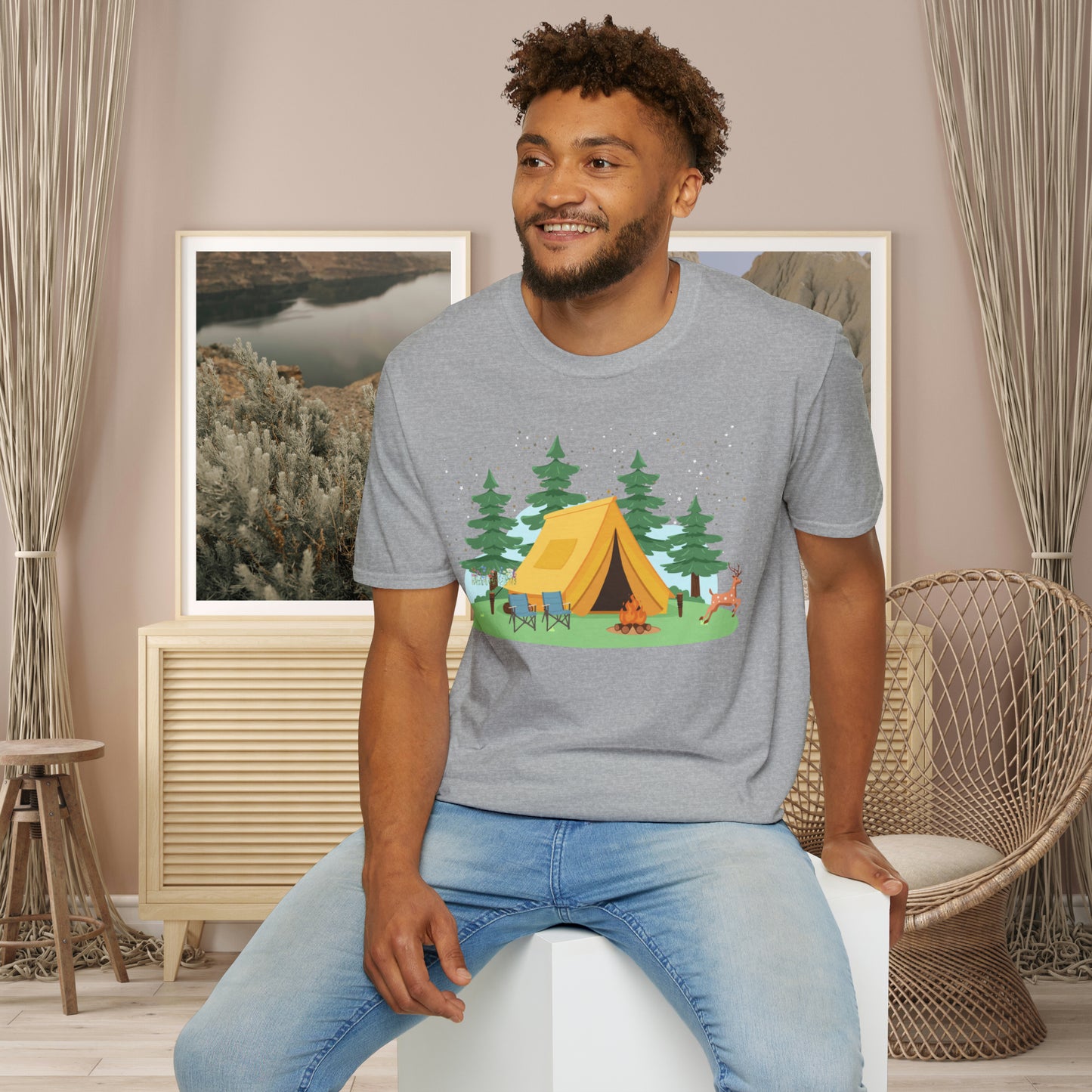 Camping can be so much fun! A happy place for many of us. Love of the great outdoors inspired design on this Unisex Softstyle T-Shirt.