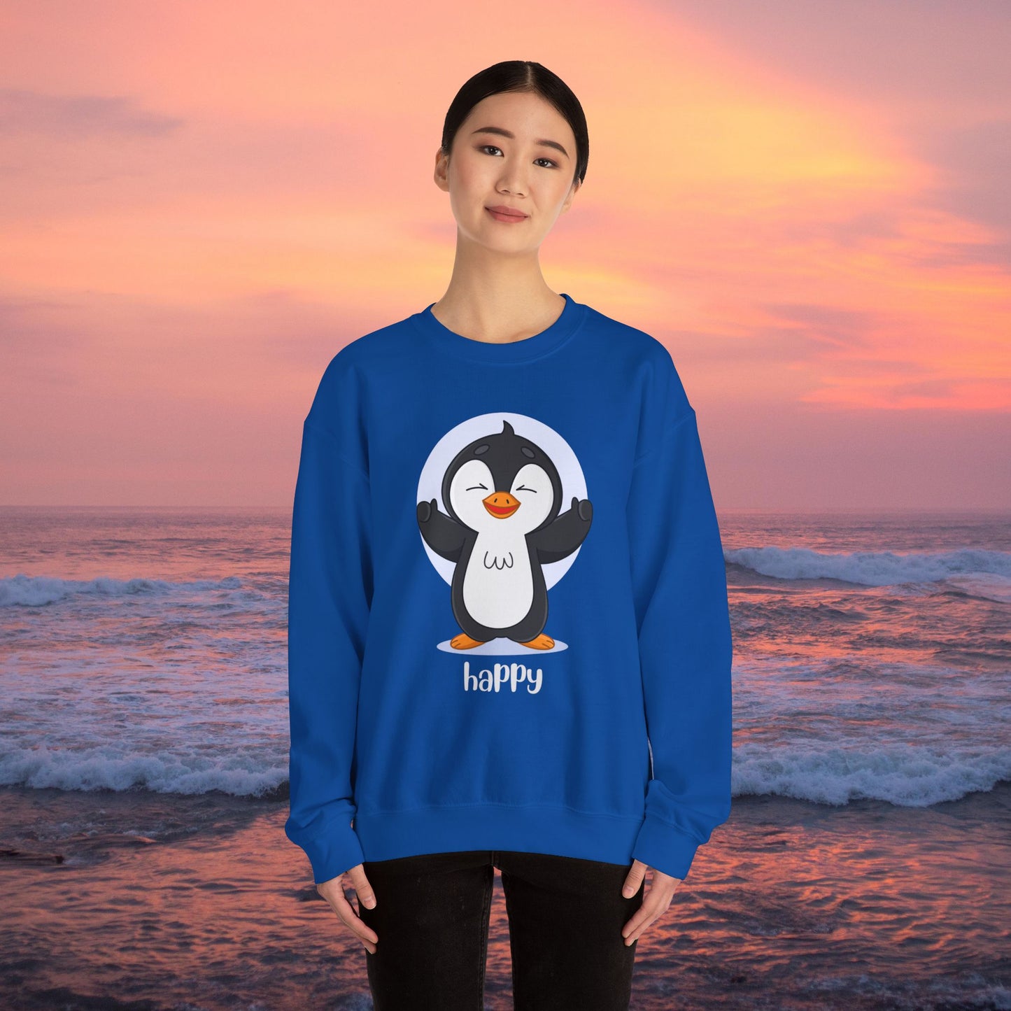 Penguin Crewneck Sweatshirt with Happy Typography