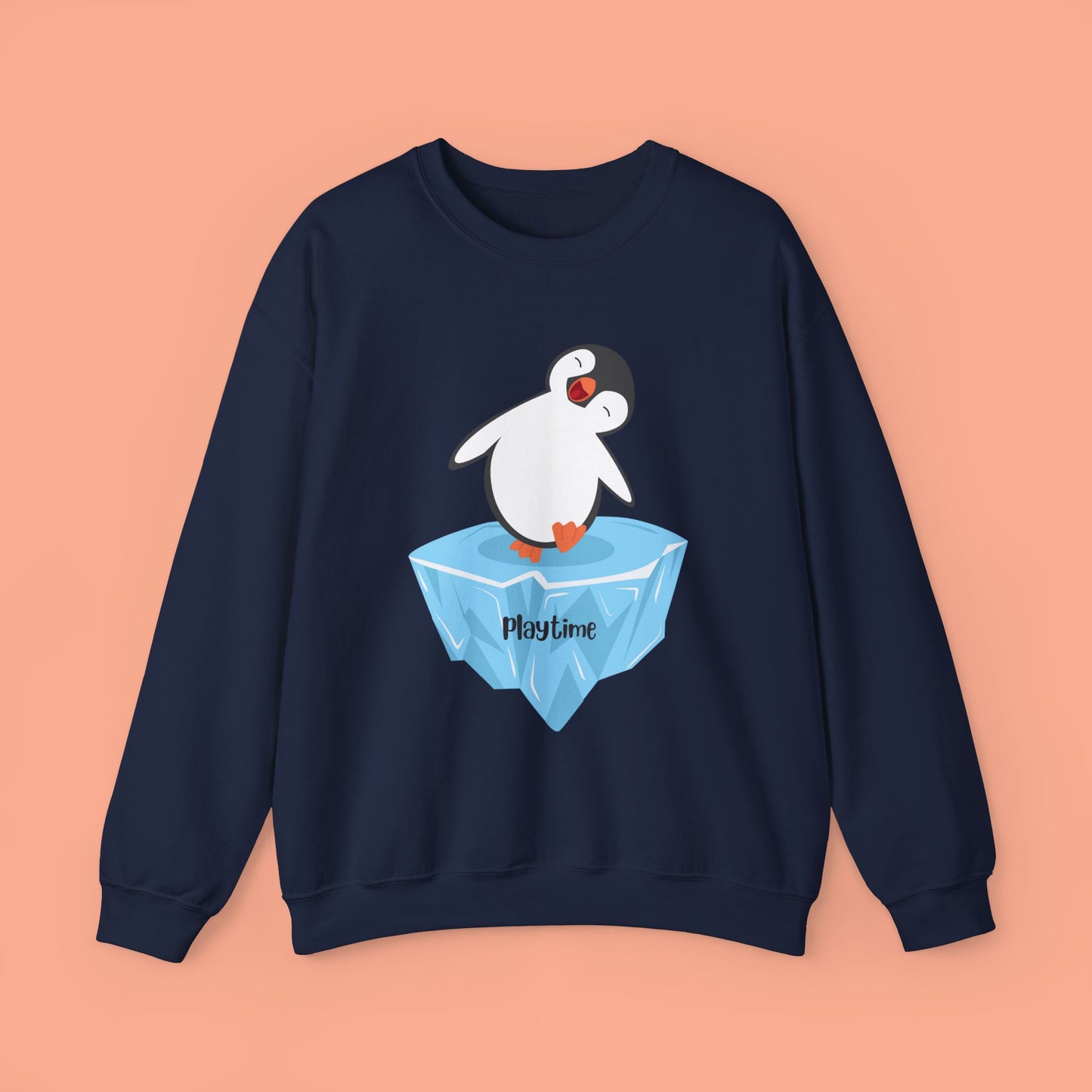 Crewneck Sweatshirt - Playtime Cute Happy Penguin on Iceberg Design