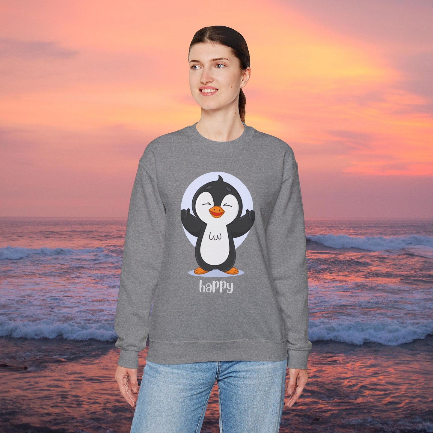 Penguin Crewneck Sweatshirt with Happy Typography