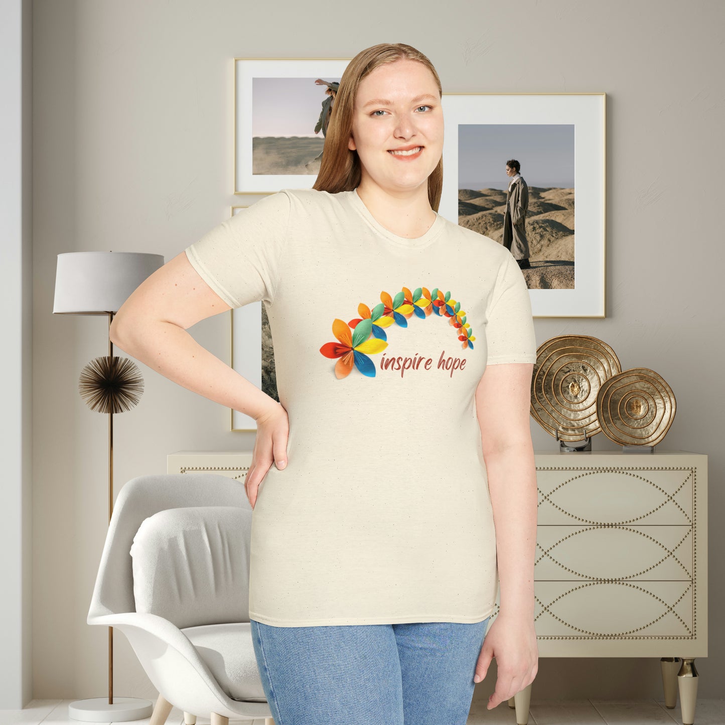A beautiful origami style flowers in rainbow formation with “inspire hope” below it. We find hope in each other, that is part of our humanity. Be that inspiration, one person at a time. This is a Unisex Softstyle T-Shirt.