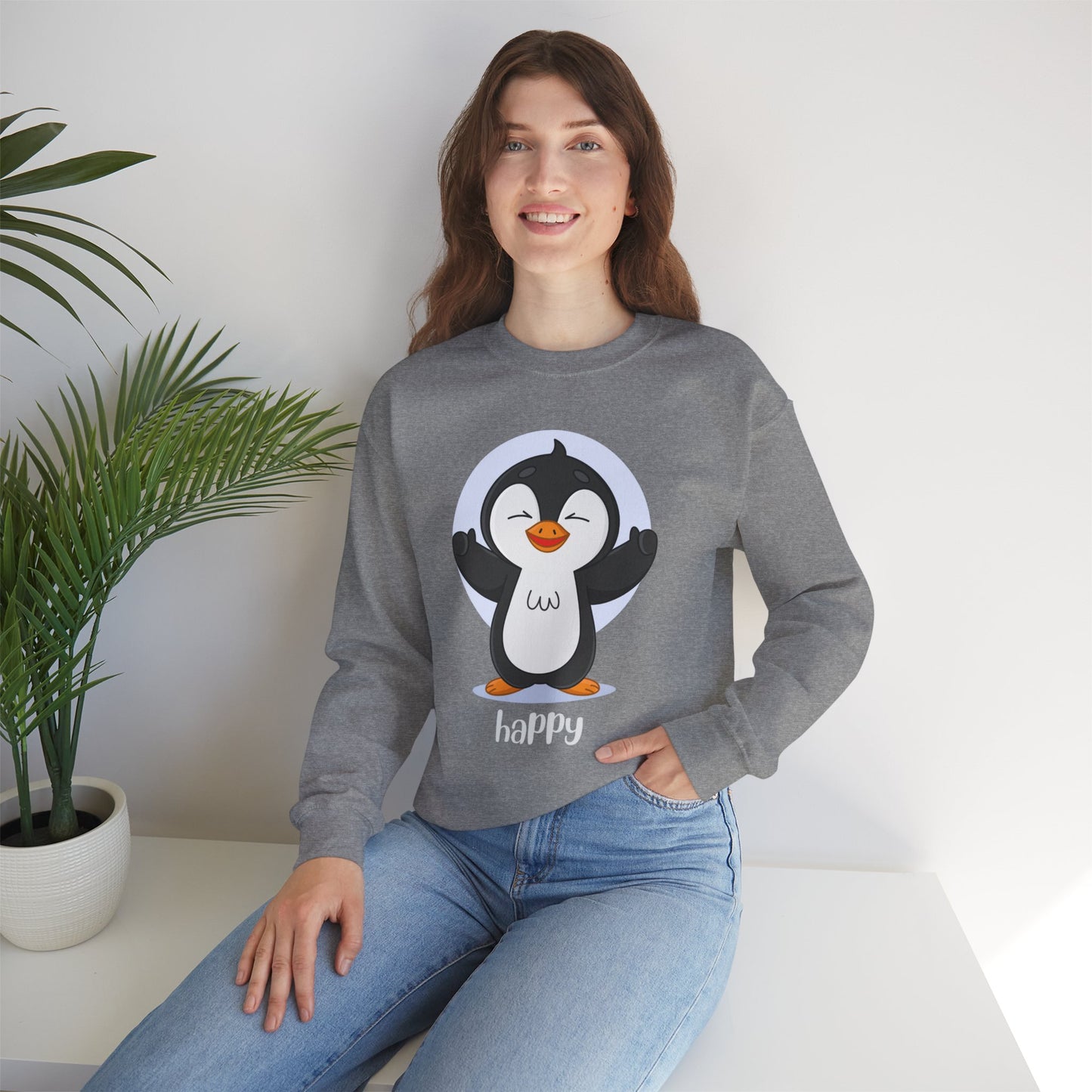 Penguin Crewneck Sweatshirt with Happy Typography