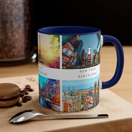 London, Montreal, Paris, Amsterdam, New York and Barcelona! This Travel Accent Coffee Mug is a part of a Travel Series for you to choose from. 11oz. Great as a gift or get one to enjoy yourself.