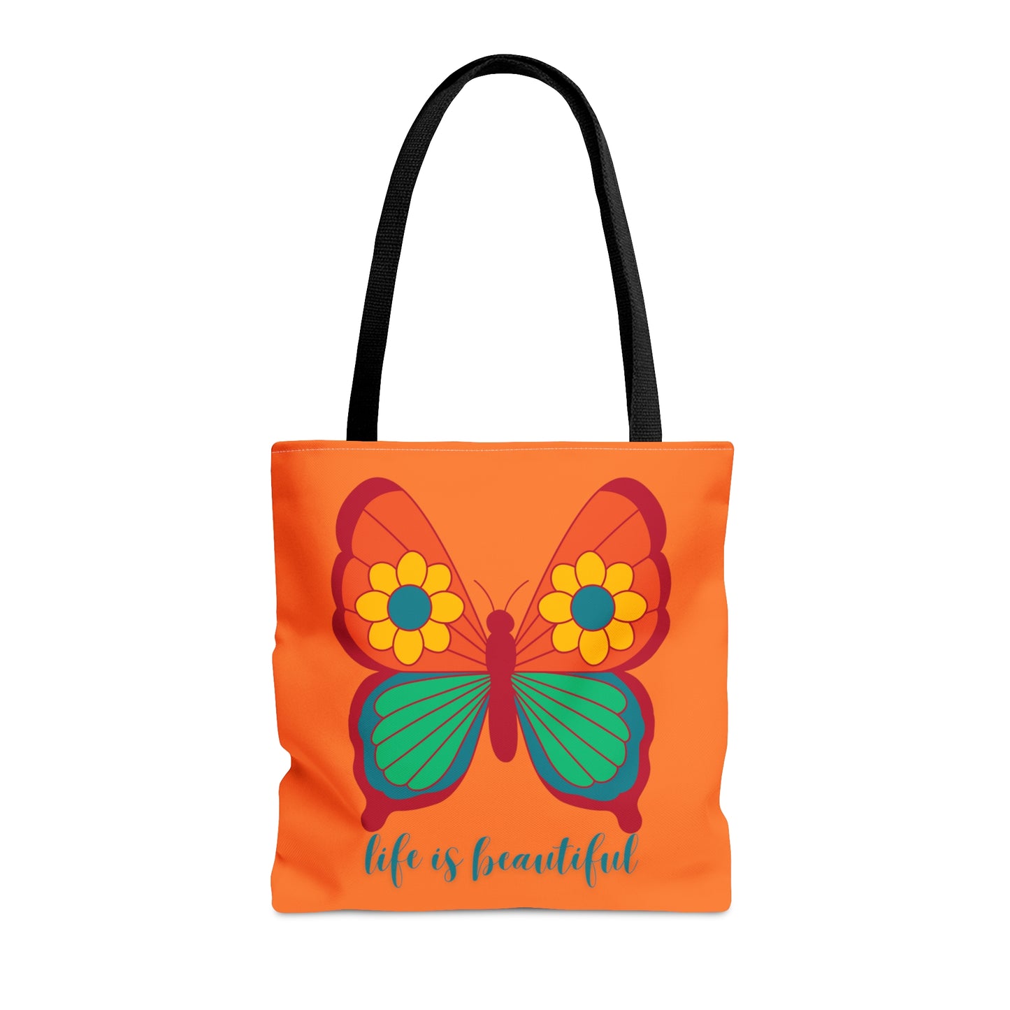 Cute and simple message “life is beautiful” under a butterfly design tote bag. Come in 3 sizes to meet your needs.