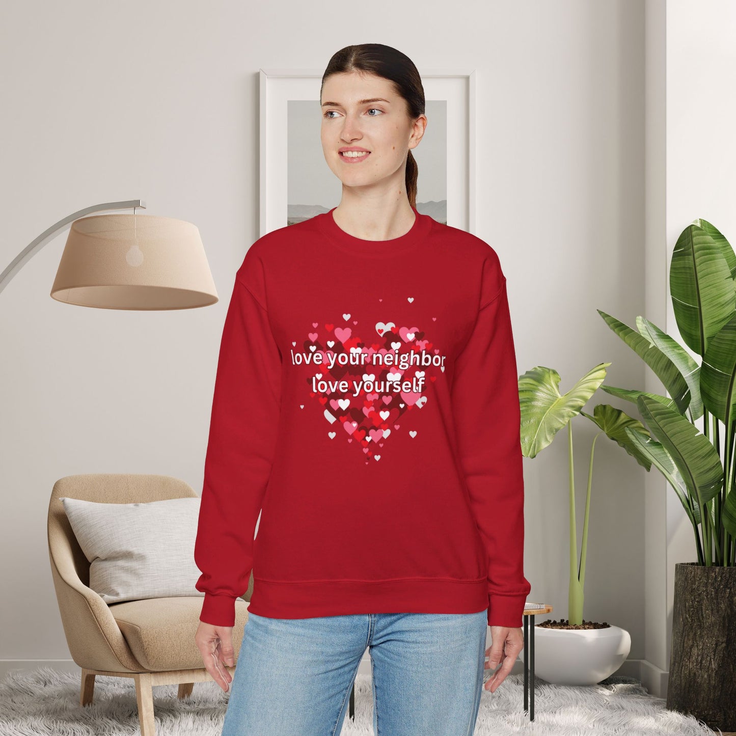 “love your neighbor love yourself” on top of a beautiful heart of hearts. Give the gift of this Unisex Heavy Blend™ Crewneck Sweatshirt or get one for yourself.