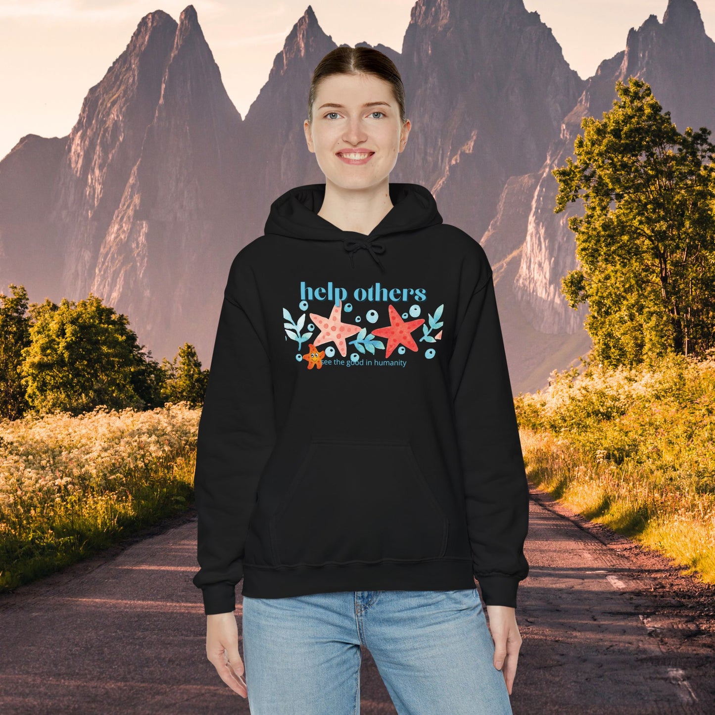 Hooded Sweatshirt - Spread Good Vibes with Starfishes Design