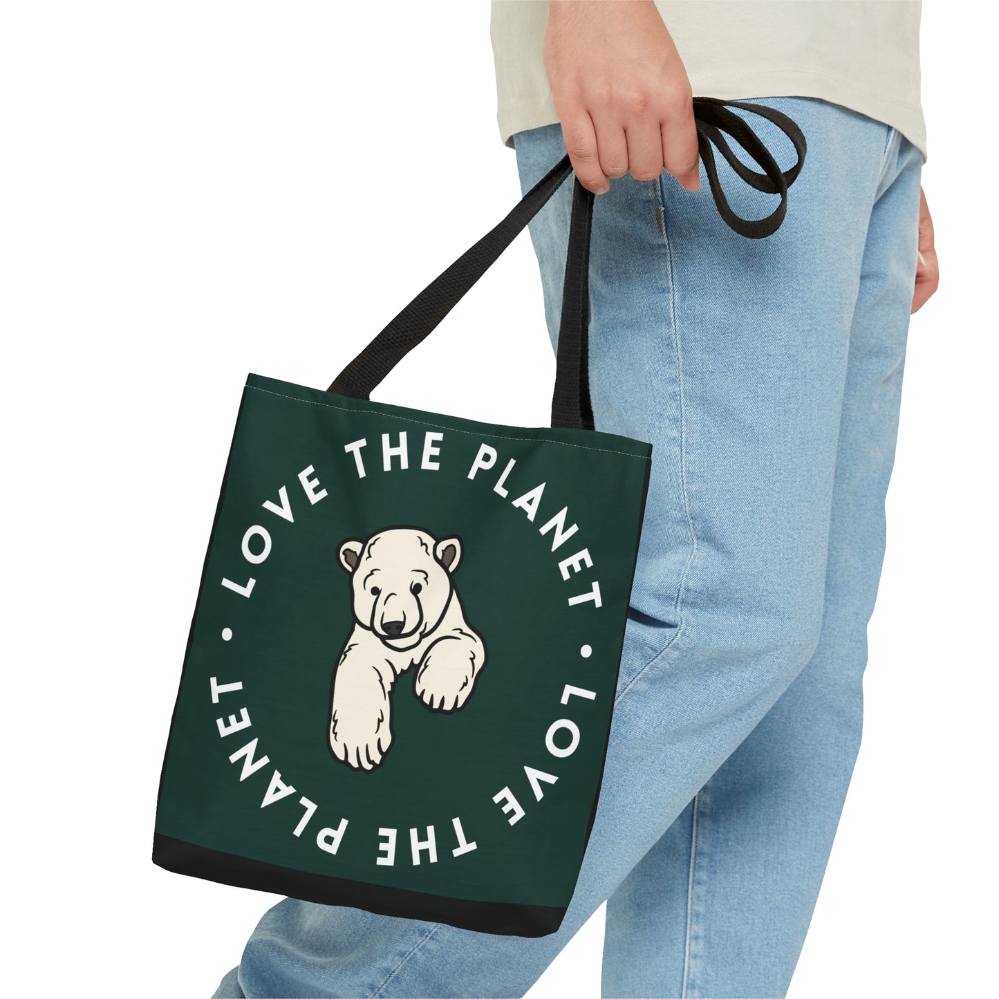 Polar bear inside a  “LOVE THE PLANET” Tote Bag in 3 sizes to meet your needs. Available in black.