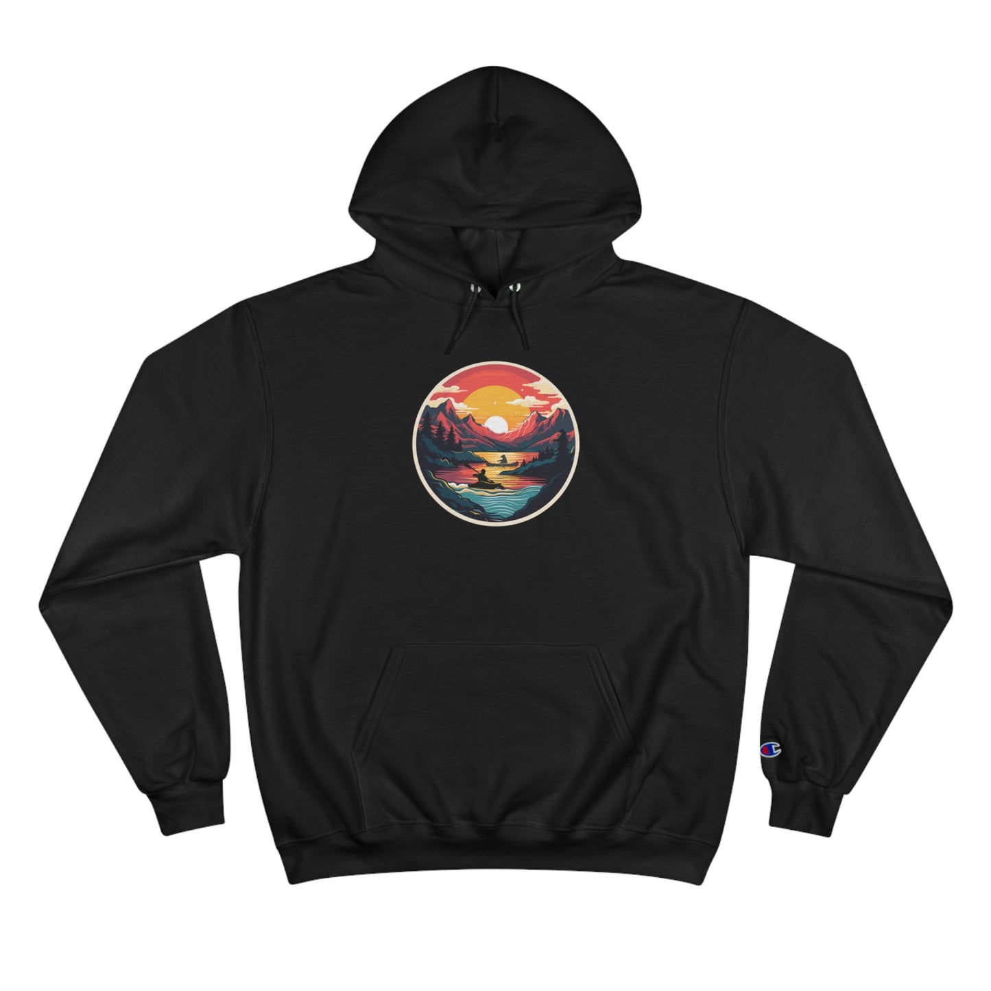 Kayakers Champion Hoodie - Colorful River and Mountains Design