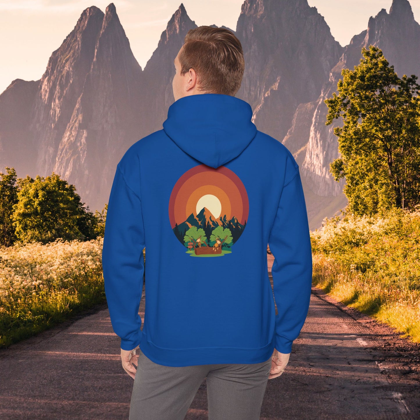 Hooded Sweatshirt - Mountain Forest and Playful Monkeys Design