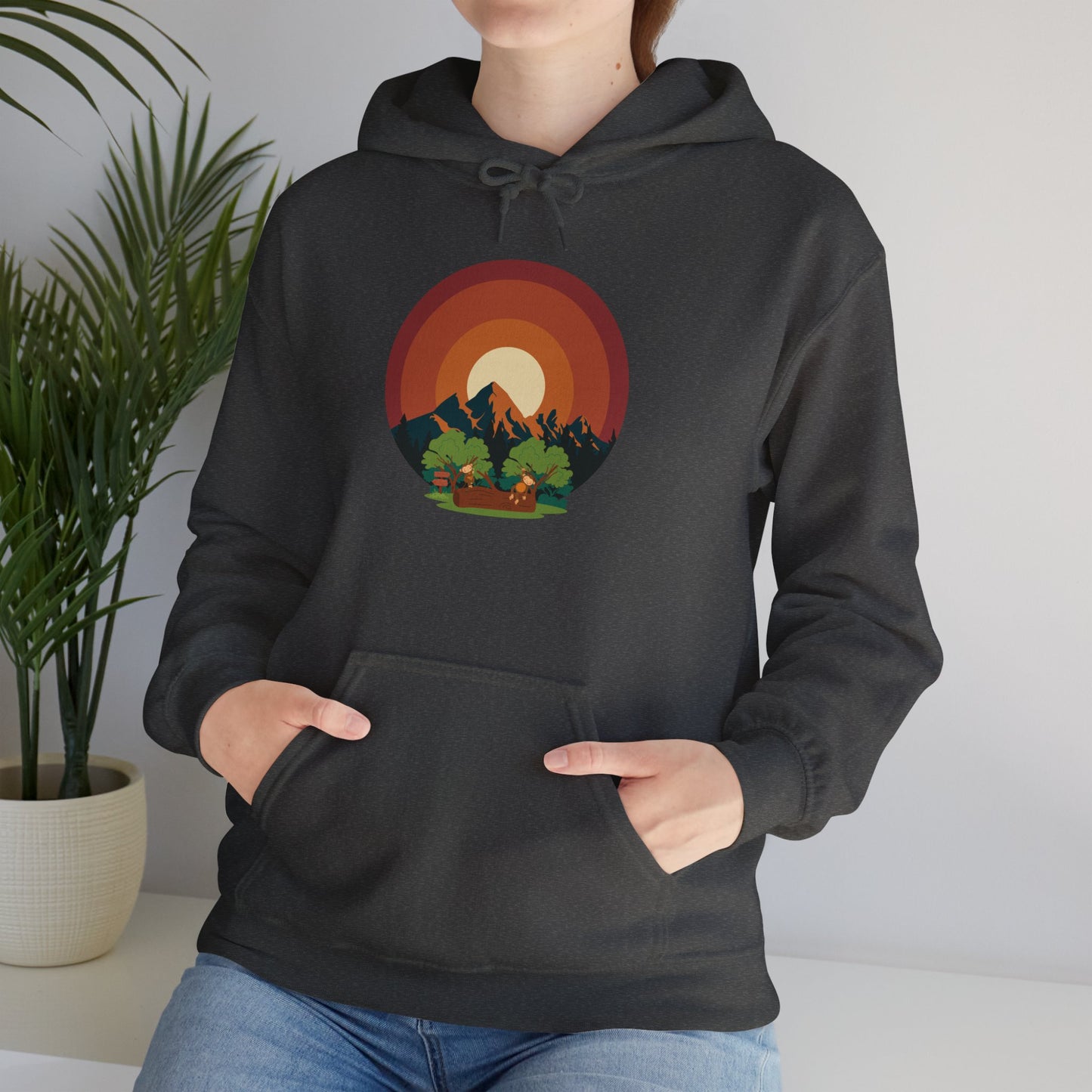 Hooded Sweatshirt - Mountain Forest and Playful Monkeys Design