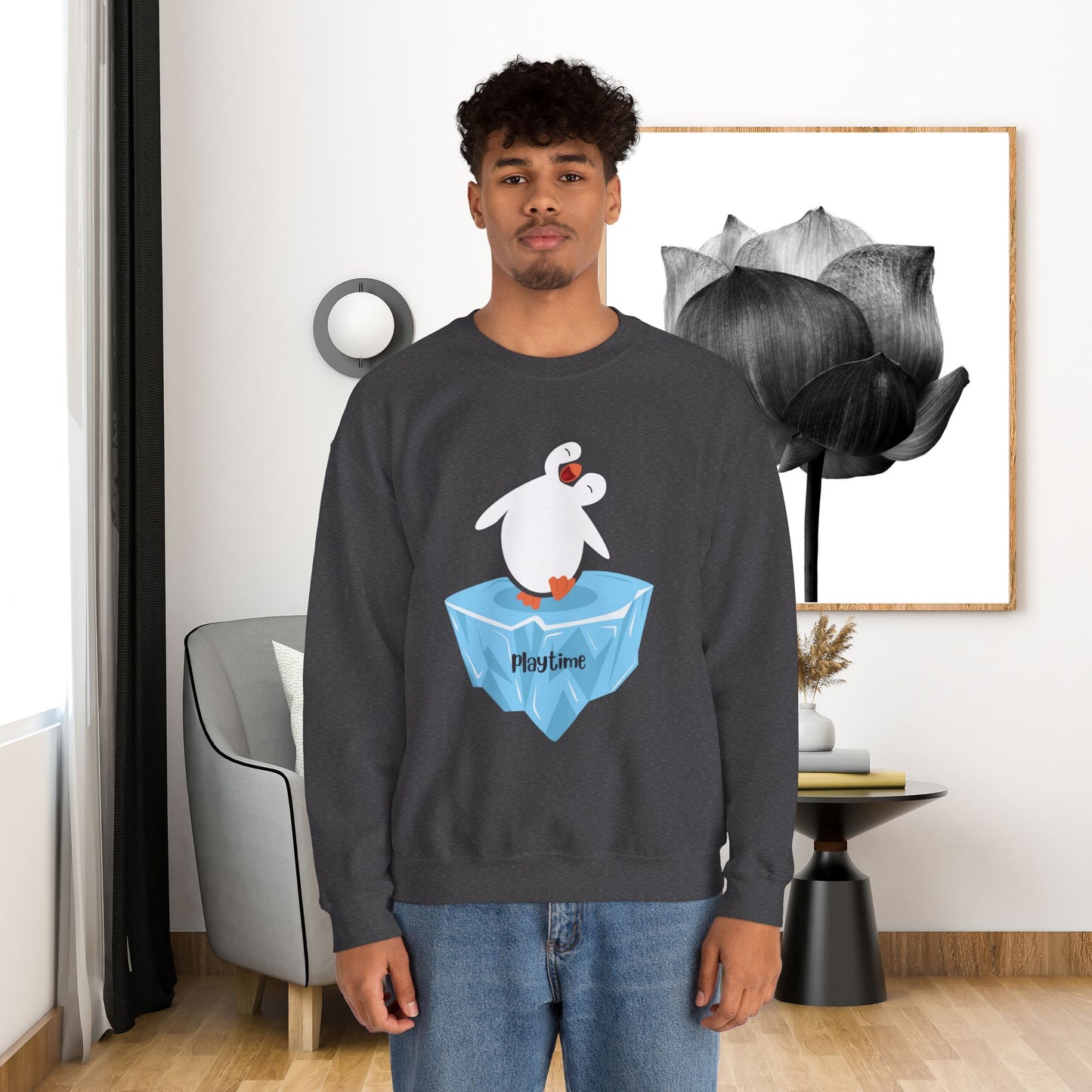 Crewneck Sweatshirt - Playtime Cute Happy Penguin on Iceberg Design