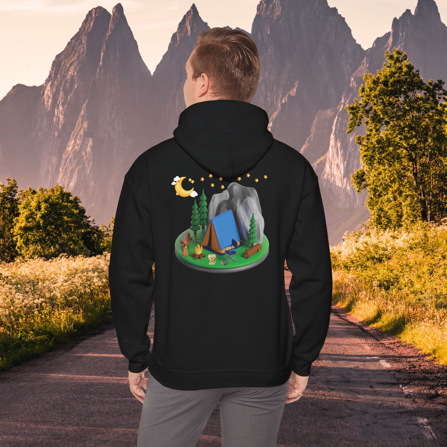 Mountain Camping Unisex Hoodie - Night Time Adventure with Your Dog