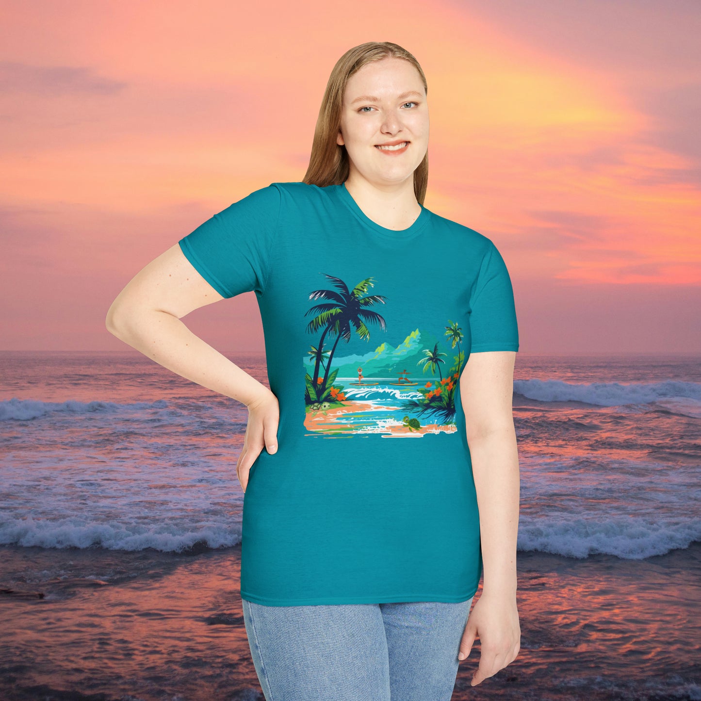 A peaceful paddle board yoga, anyone? With turtles, palm trees and yes the ocean and mountains. Enjoy! A Unisex Softstyle T-Shirt.