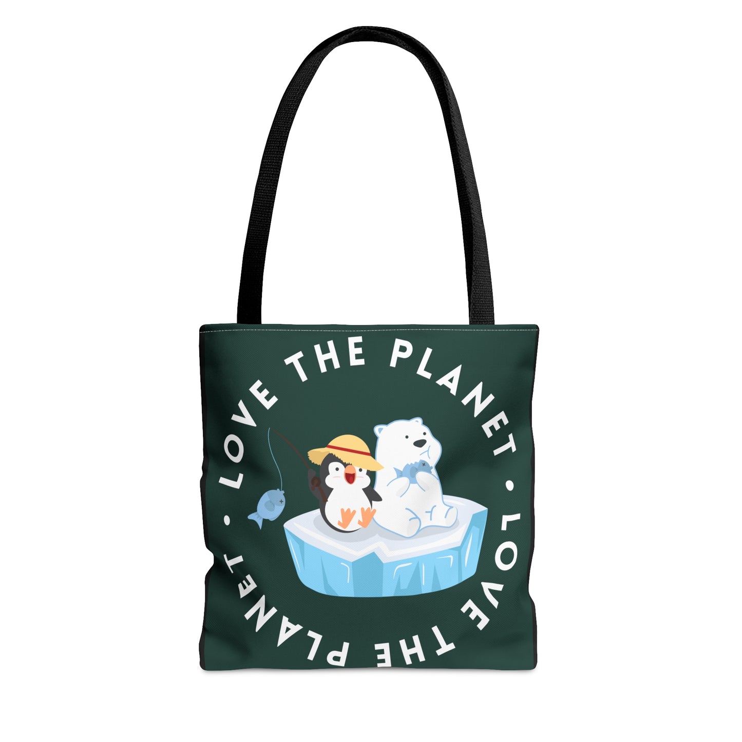 Cute polar bear, penguin and fish inside a  “LOVE THE PLANET” Tote Bag in 3 sizes to meet your needs.