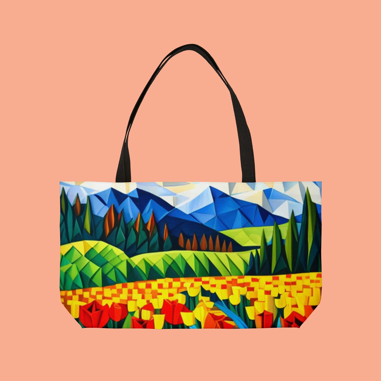Dutch landscape in origami style inspired scenery on this beautiful Weekender Tote Bag.