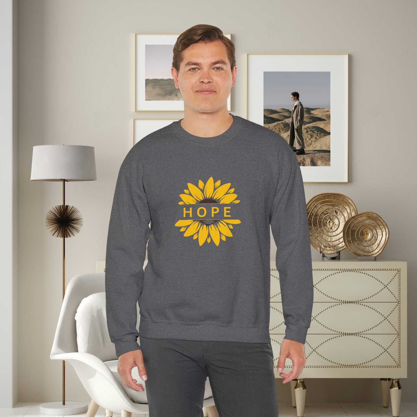 Beautiful sunflower with to inspire  “HOPE” comfy sweatshirt. Give the gift of this Unisex Heavy Blend™ Crewneck Sweatshirt or get one for yourself.