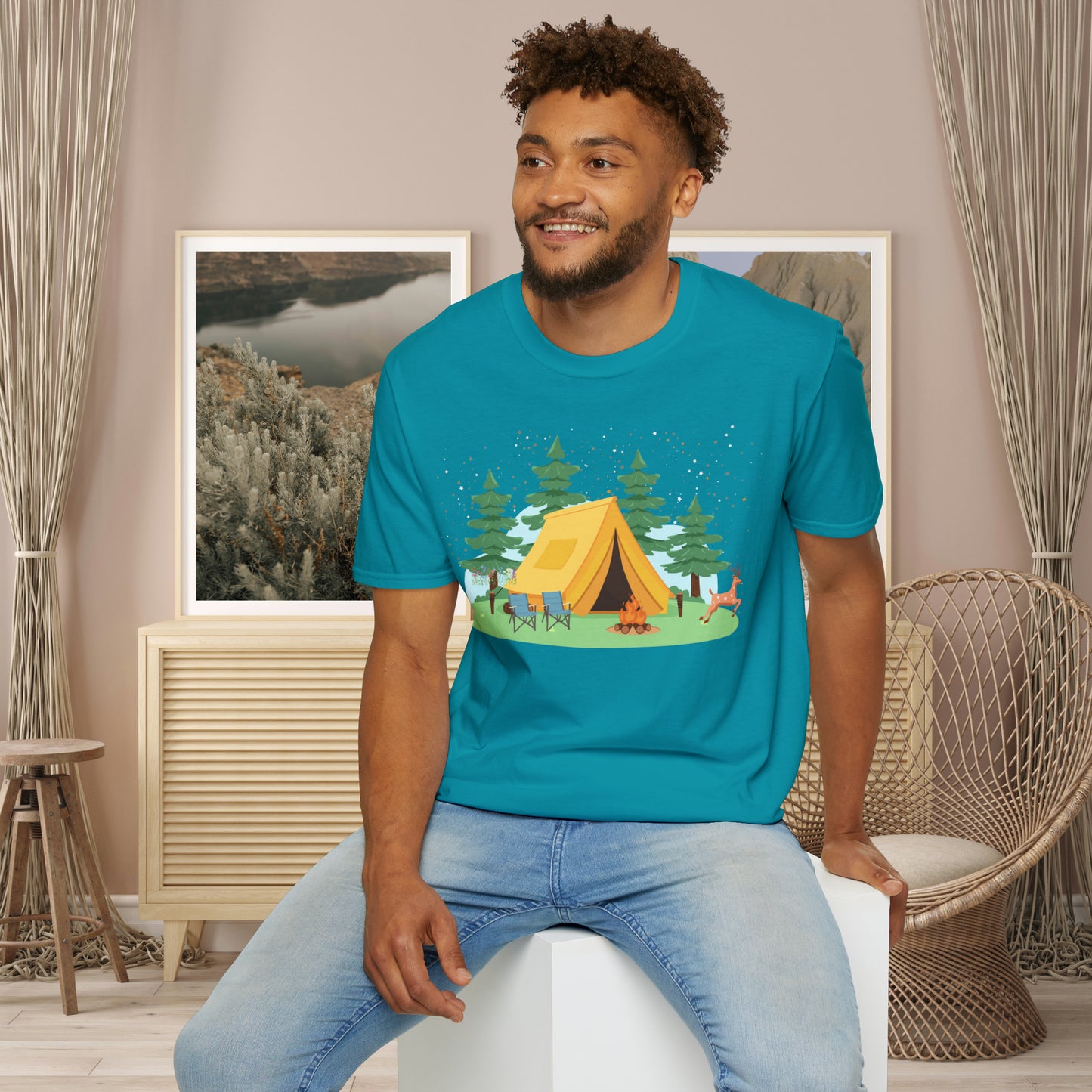 Camping can be so much fun! A happy place for many of us. Love of the great outdoors inspired design on this Unisex Softstyle T-Shirt.