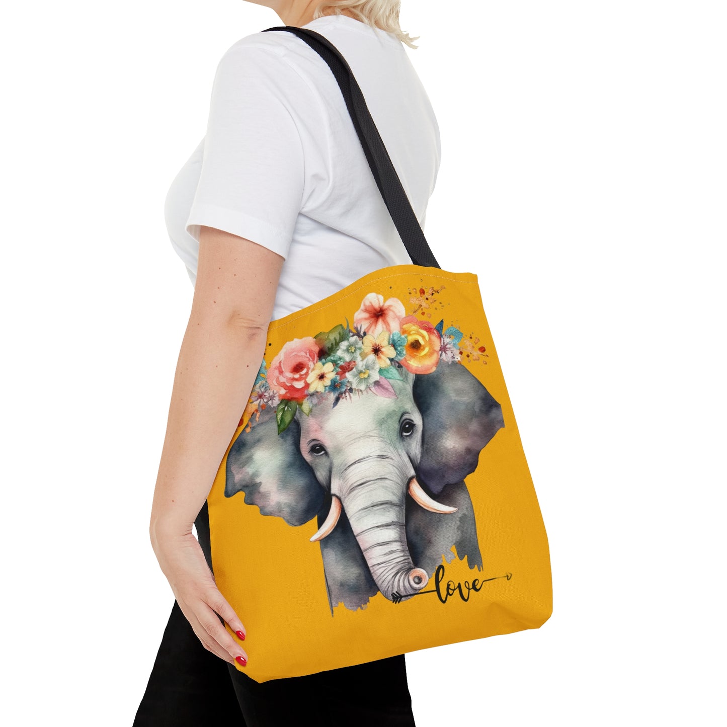 Cute mama elephant with flowers for a tiara on this tote bag. Come in 3 sizes to meet your needs.