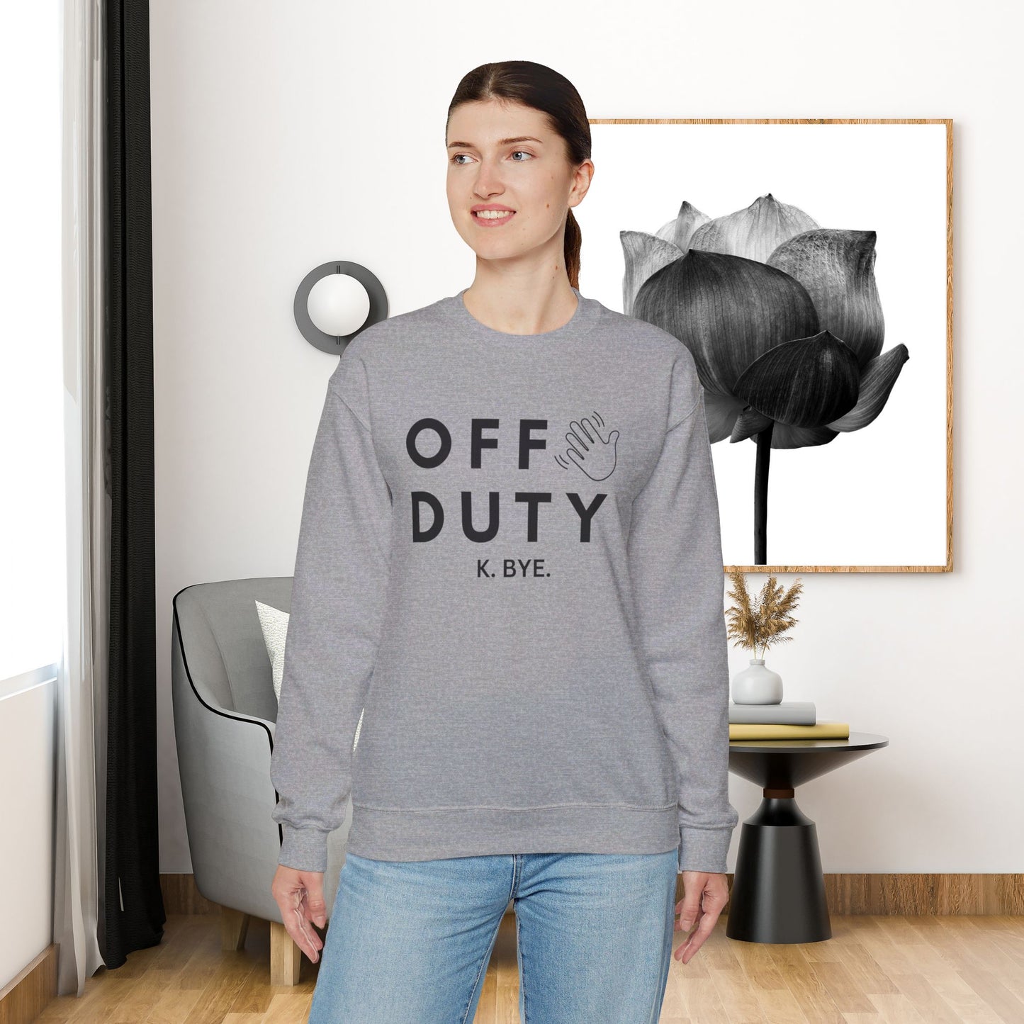 Cozy up with this simple “OFF DUTY” sweatshirt designed by Nurse Angela (my niece). Give the gift of this Unisex Heavy Blend™ Crewneck Sweatshirt or get one for yourself.