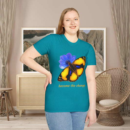 Beautiful “become the change" Unisex Softstyle T-Shirt butterfly design. Great as a gift or get one for yourself.