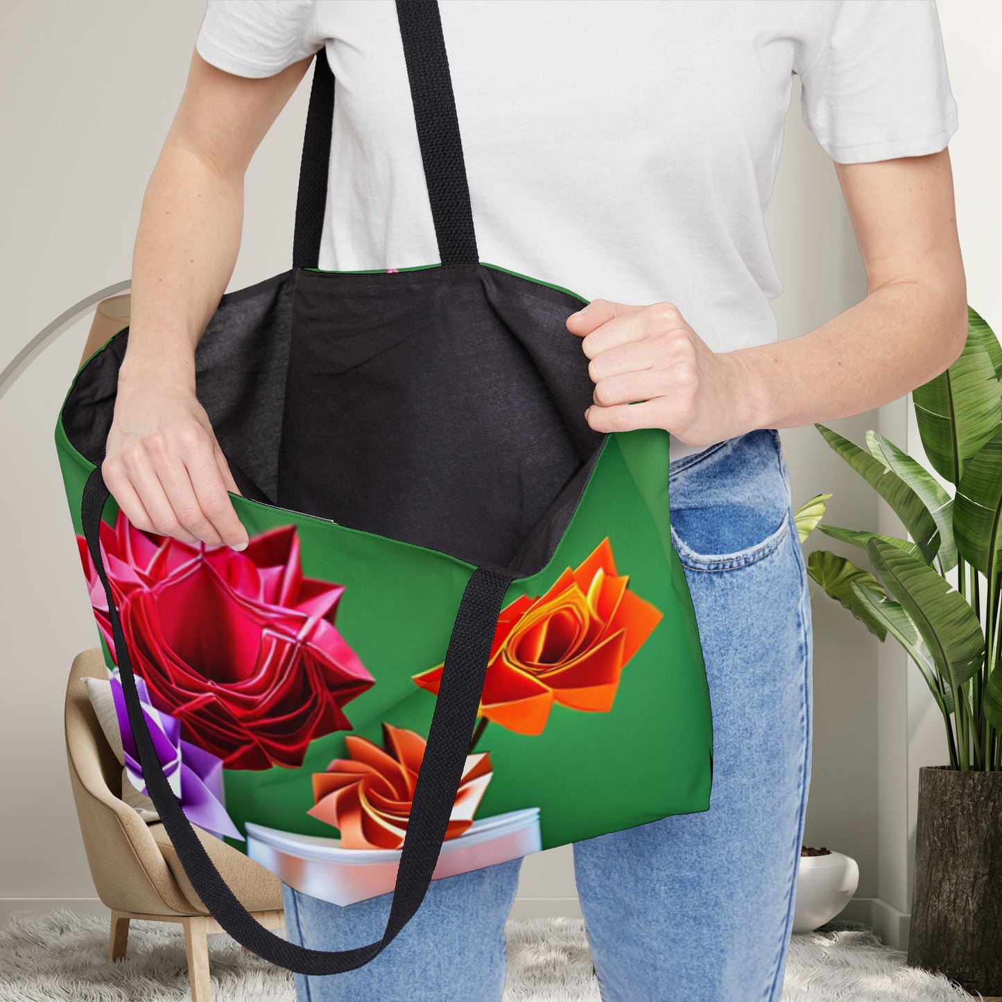 Colorful  and beautiful roses in Origami inspired style design on this pretty Weekender Tote Bag.