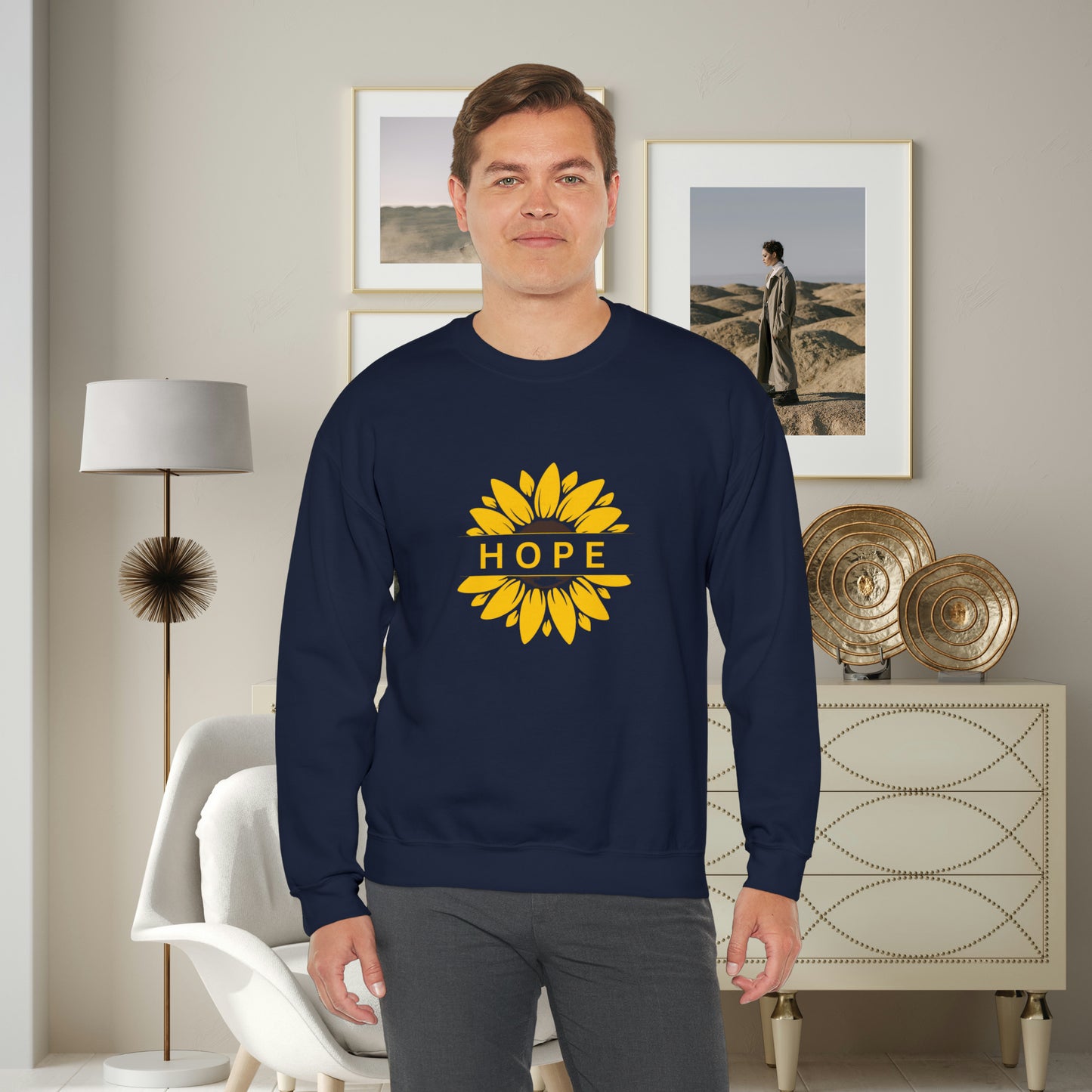 Beautiful sunflower with to inspire  “HOPE” comfy sweatshirt. Give the gift of this Unisex Heavy Blend™ Crewneck Sweatshirt or get one for yourself.