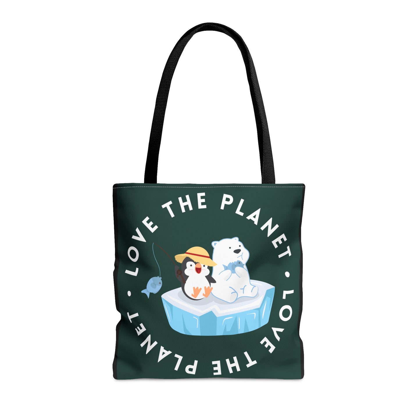 Cute polar bear, penguin and fish inside a  “LOVE THE PLANET” Tote Bag in 3 sizes to meet your needs.