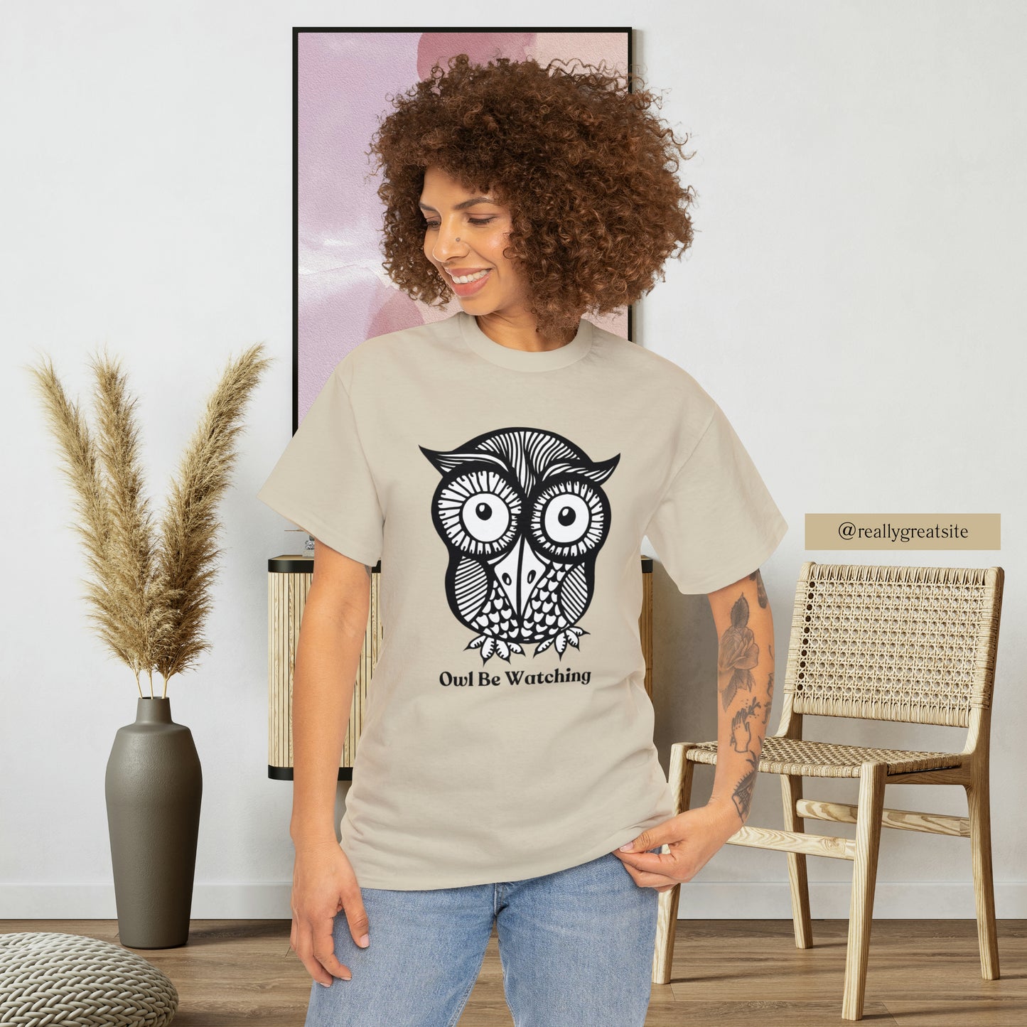 Owl be watching caption Unisex Heavy Cotton Tee. Beautiful owl design for your enjoyment.