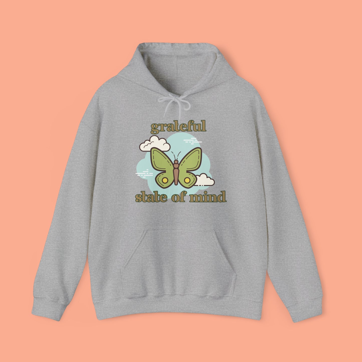 Grateful state of mind around a simple butterfly design on this Unisex Heavy Blend™ Hooded Sweatshirt