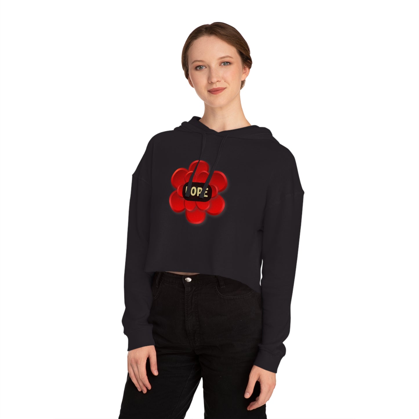 Bright “HOPE” with within red flower design on this stylish Women’s Cropped Hooded Sweatshirt for your enjoyment.