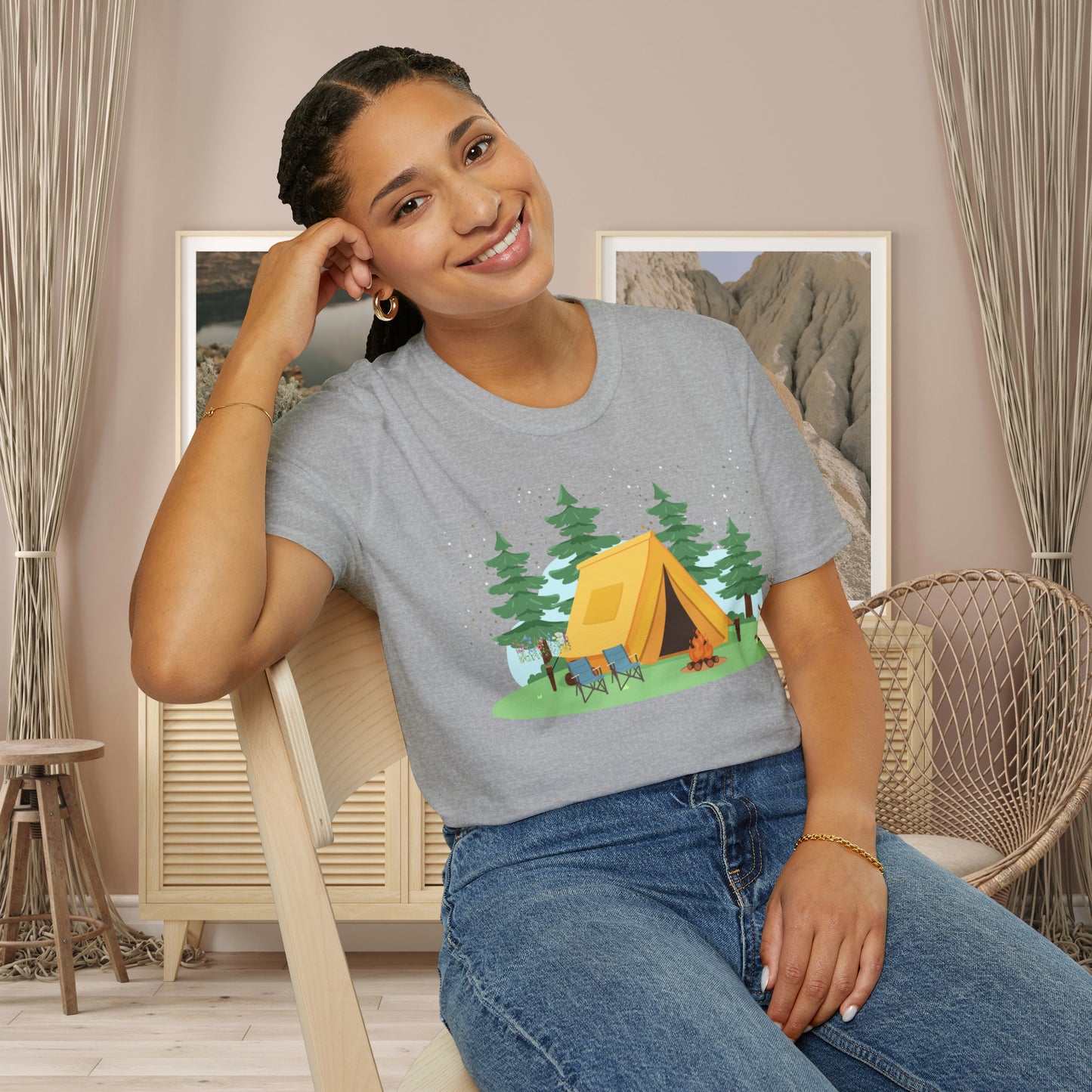 Camping can be so much fun! A happy place for many of us. Love of the great outdoors inspired design on this Unisex Softstyle T-Shirt.