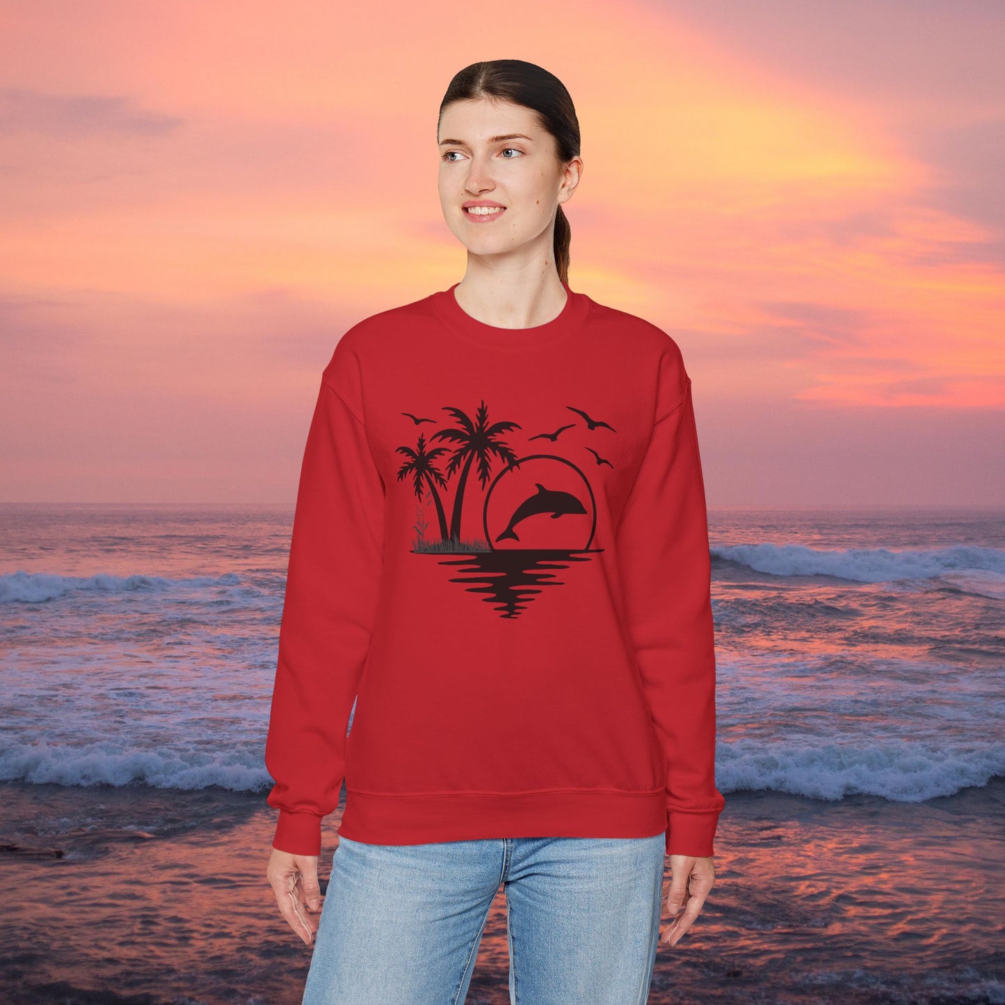 Silhouettes of palm trees, playful dolphin, and the ocean water make this cozy sweatshirt. Give the gift of this Unisex Heavy Blend™ Crewneck Sweatshirt or get one for yourself.