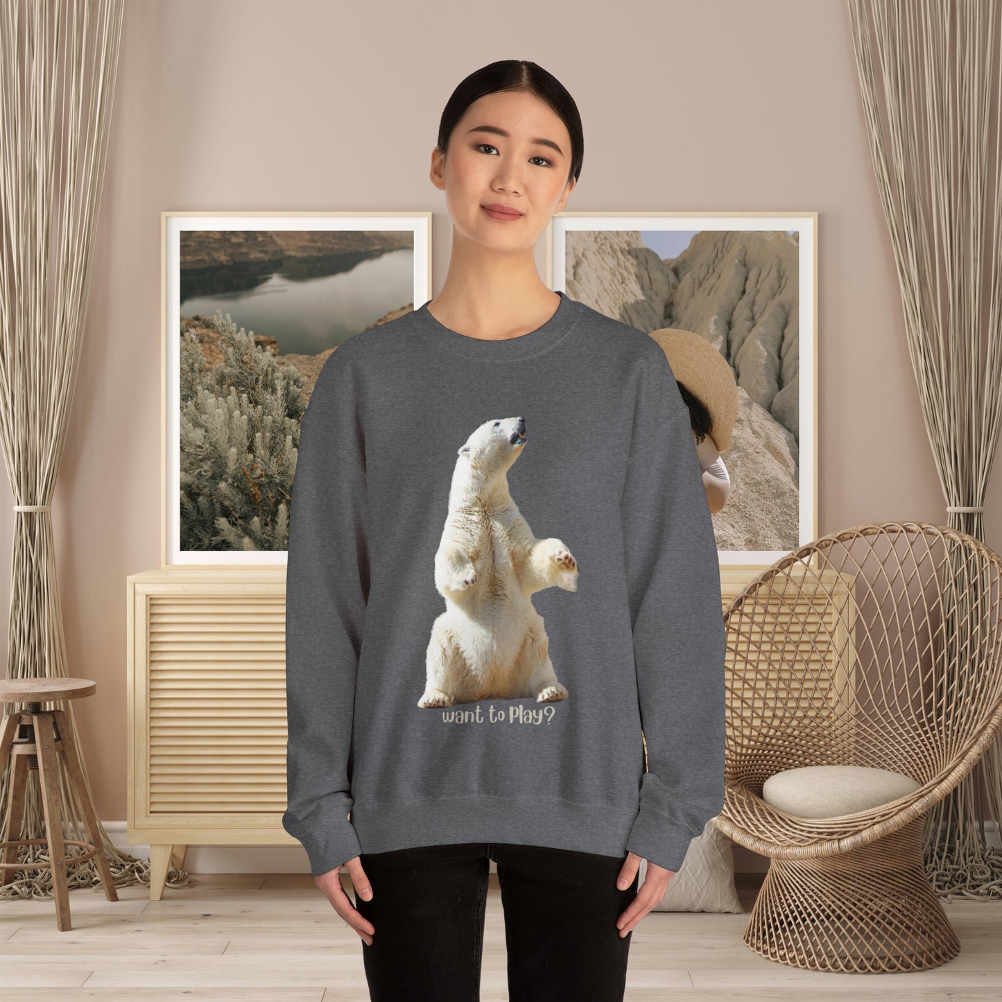 Impressive polar bear asking “Want to play?"! Play like you mean it! Give the gift of this Unisex Heavy Blend™ Crewneck Sweatshirt or get one for yourself.