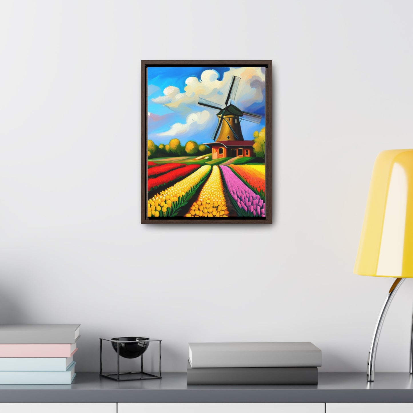 A Dutch windmill with a field of tulips inspired this design on this gallery canvas wrap with vertical frame. Sizes vary.