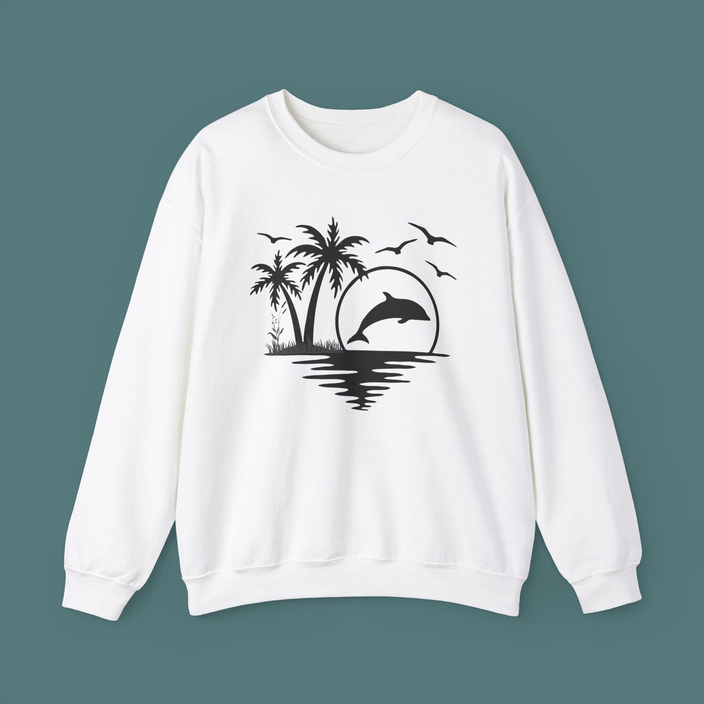 Silhouettes of palm trees, playful dolphin, and the ocean water make this cozy sweatshirt. Give the gift of this Unisex Heavy Blend™ Crewneck Sweatshirt or get one for yourself.